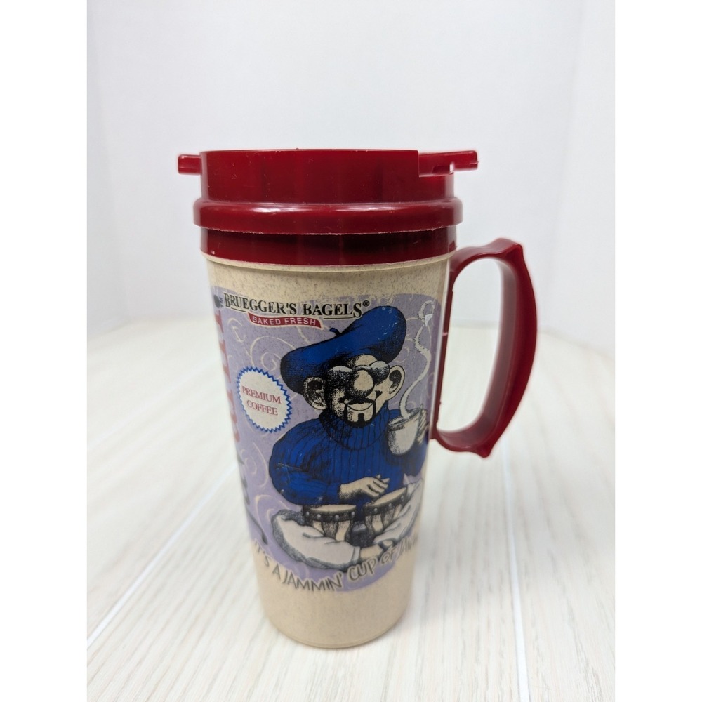 Vintage Brueggers Bagels Coffee Travel Cup Tumbler Mug w/ Lid Brown Javahh!